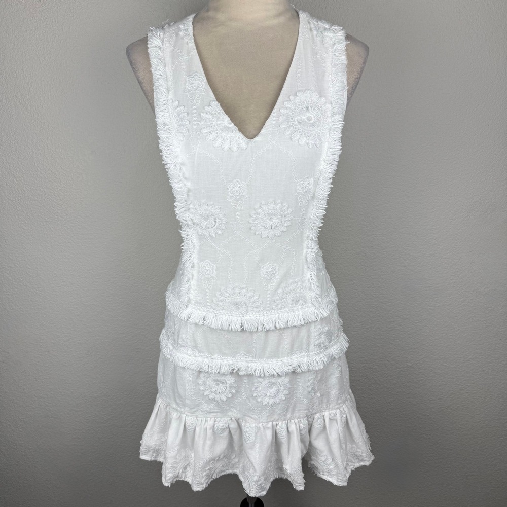 Walter Baker Felina White Embroidered Fringe Open Back Tiered Mini Dress Size 4
